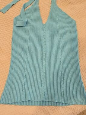 Daisy Fuentes Aqua Ribbed V-Neck Halter Sweater, M